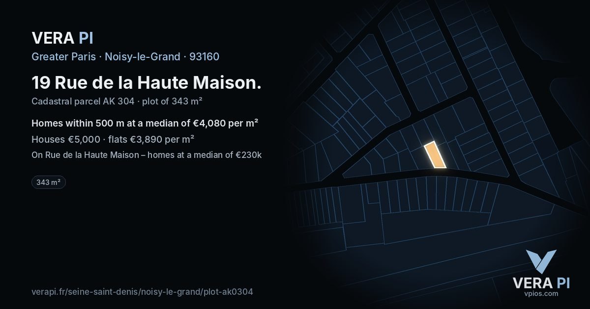 19 Rue de la Haute Maison, Noisy-le-Grand at night – the plot lit, the parcels around coloured by the prices near them