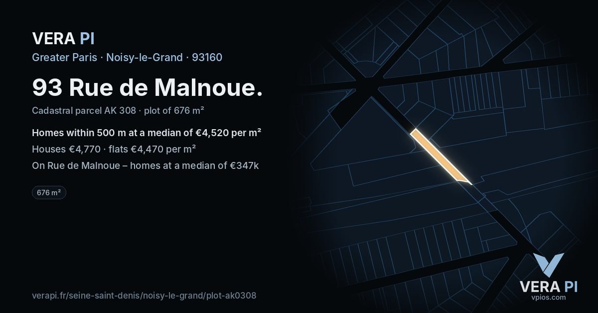 93 Rue de Malnoue, Noisy-le-Grand at night – the plot lit, the parcels around coloured by the prices near them