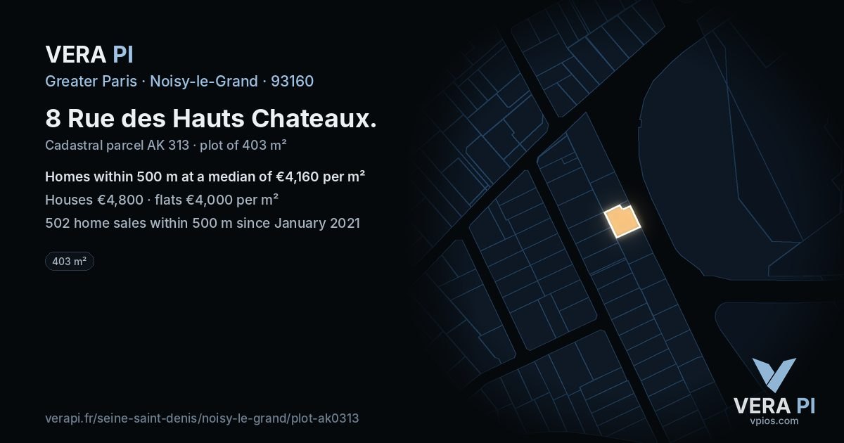 8 Rue des Hauts Chateaux, Noisy-le-Grand at night – the plot lit, the parcels around coloured by the prices near them