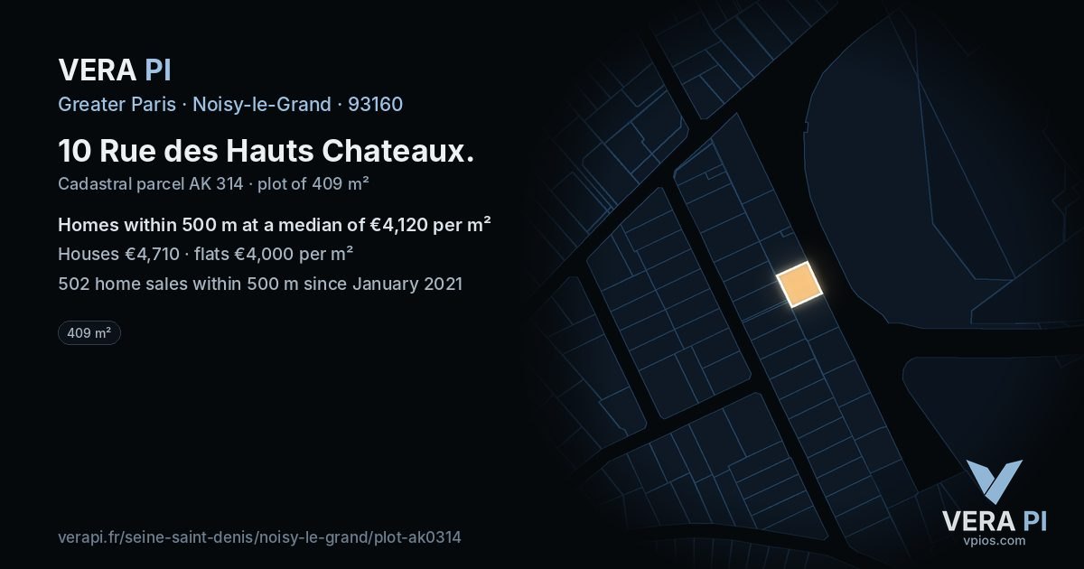 10 Rue des Hauts Chateaux, Noisy-le-Grand at night – the plot lit, the parcels around coloured by the prices near them
