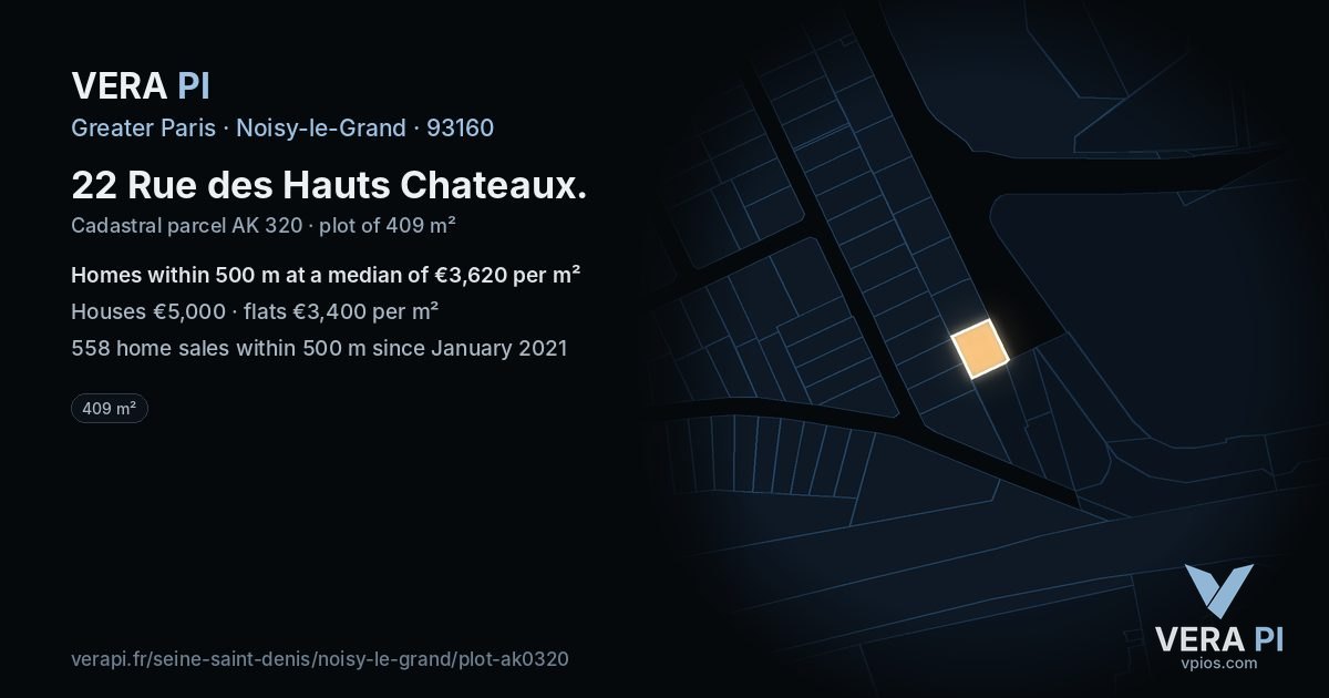 22 Rue des Hauts Chateaux, Noisy-le-Grand at night – the plot lit, the parcels around coloured by the prices near them
