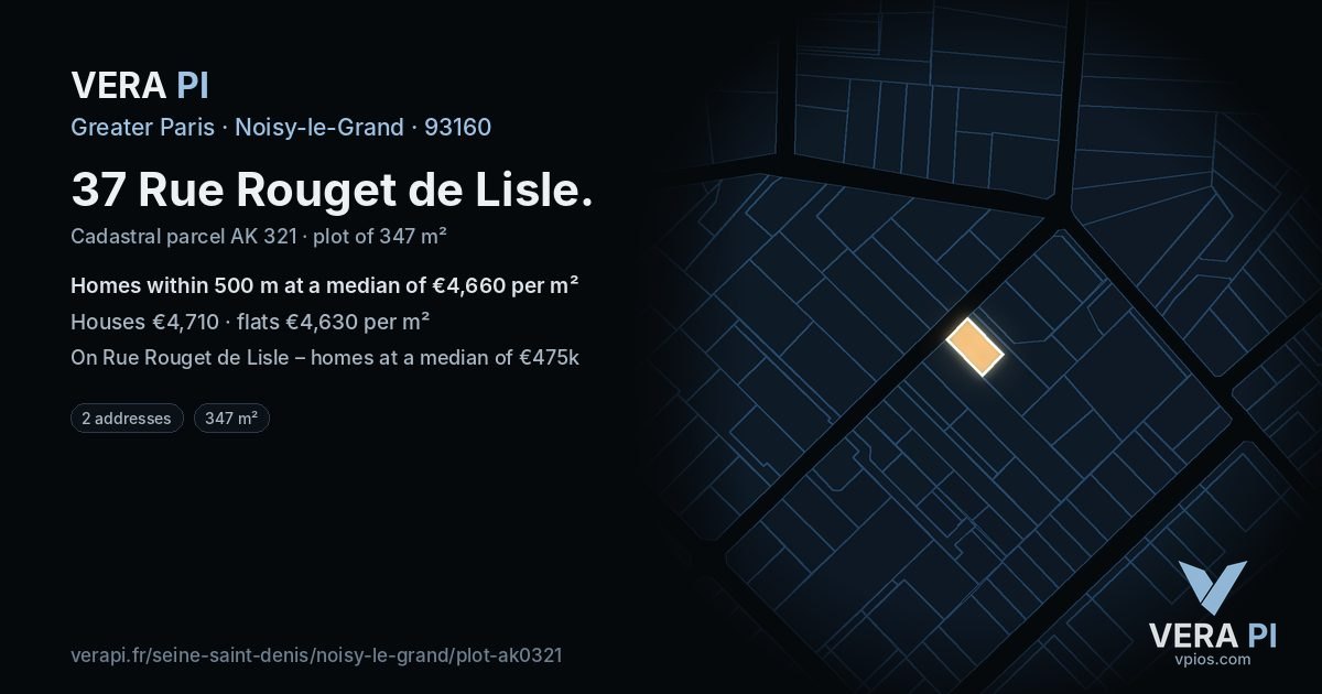 37 Rue Rouget de Lisle, Noisy-le-Grand at night – the plot lit, the parcels around coloured by the prices near them
