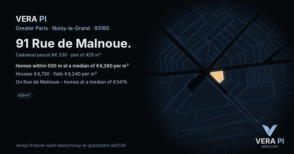 91 Rue de Malnoue, Noisy-le-Grand at night – the plot lit, the parcels around coloured by the prices near them