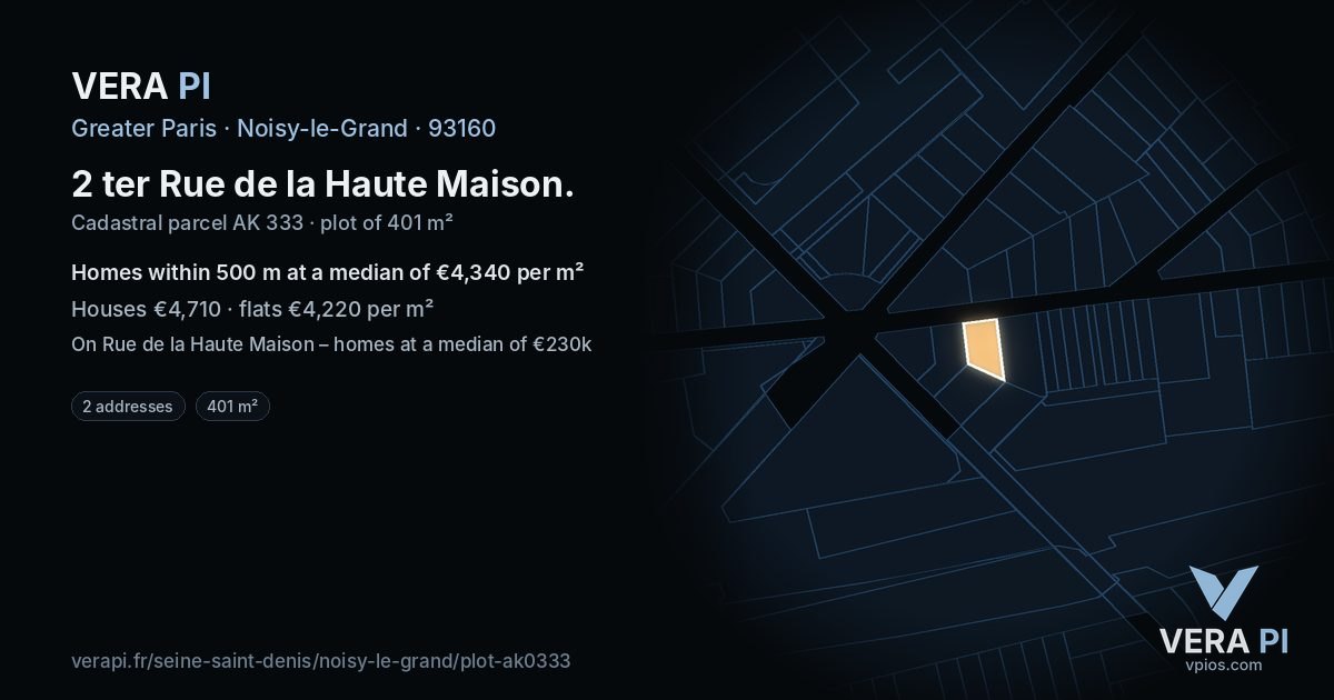 2 ter Rue de la Haute Maison, Noisy-le-Grand at night – the plot lit, the parcels around coloured by the prices near them
