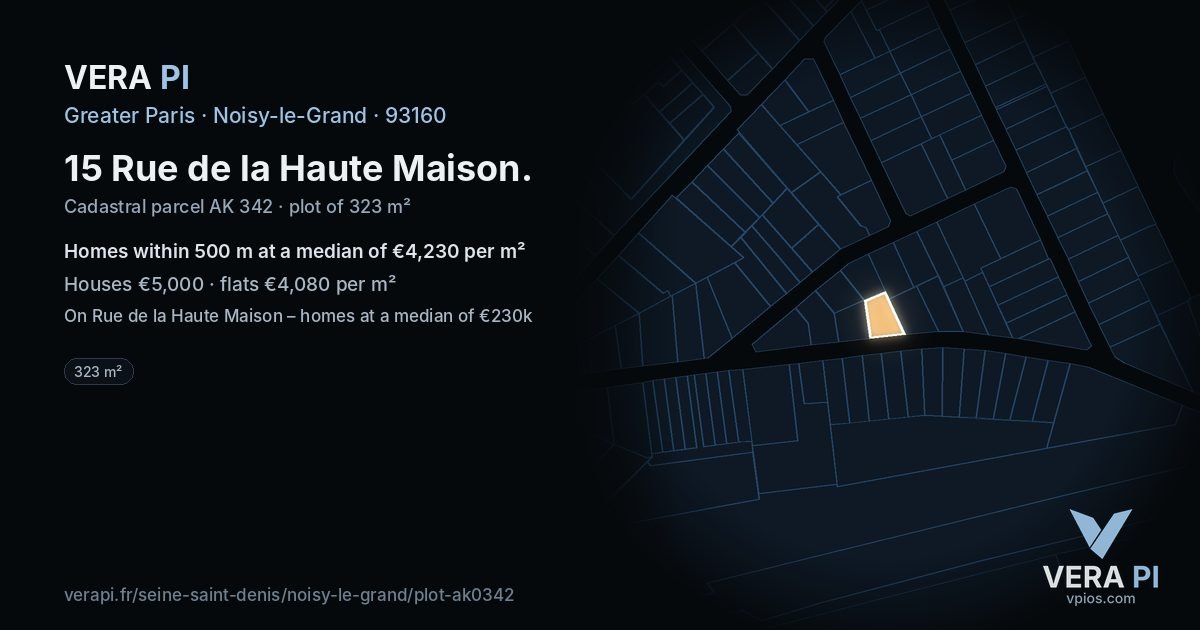 15 Rue de la Haute Maison, Noisy-le-Grand at night – the plot lit, the parcels around coloured by the prices near them