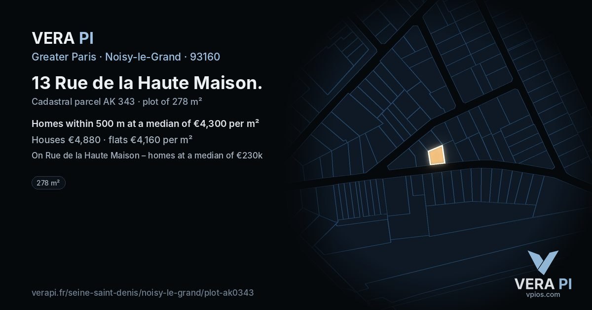 13 Rue de la Haute Maison, Noisy-le-Grand at night – the plot lit, the parcels around coloured by the prices near them