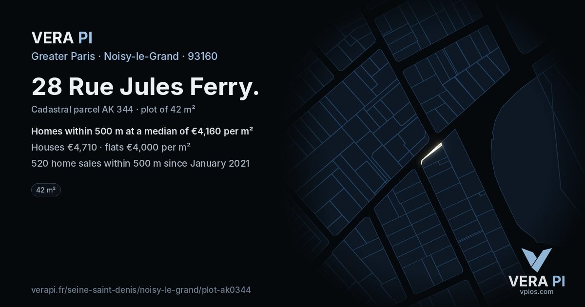 28 Rue Jules Ferry, Noisy-le-Grand at night – the plot lit, the parcels around coloured by the prices near them
