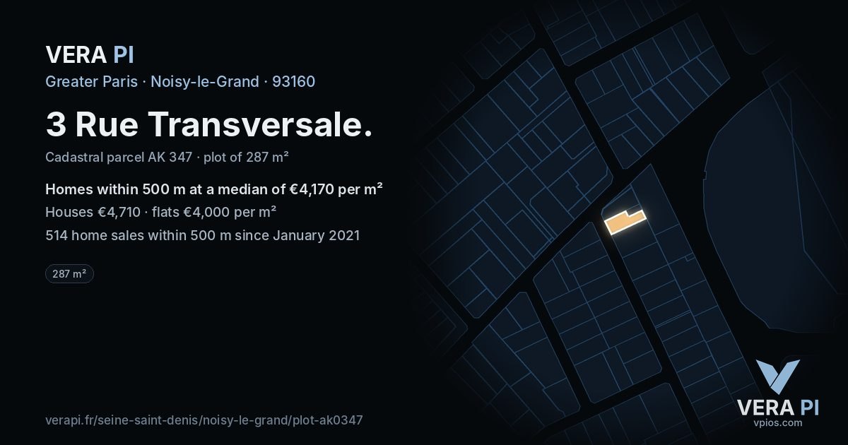 3 Rue Transversale, Noisy-le-Grand at night – the plot lit, the parcels around coloured by the prices near them