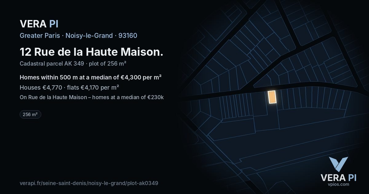 12 Rue de la Haute Maison, Noisy-le-Grand at night – the plot lit, the parcels around coloured by the prices near them