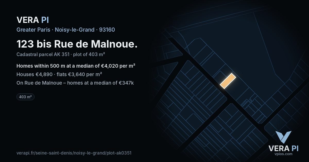 123 bis Rue de Malnoue, Noisy-le-Grand at night – the plot lit, the parcels around coloured by the prices near them