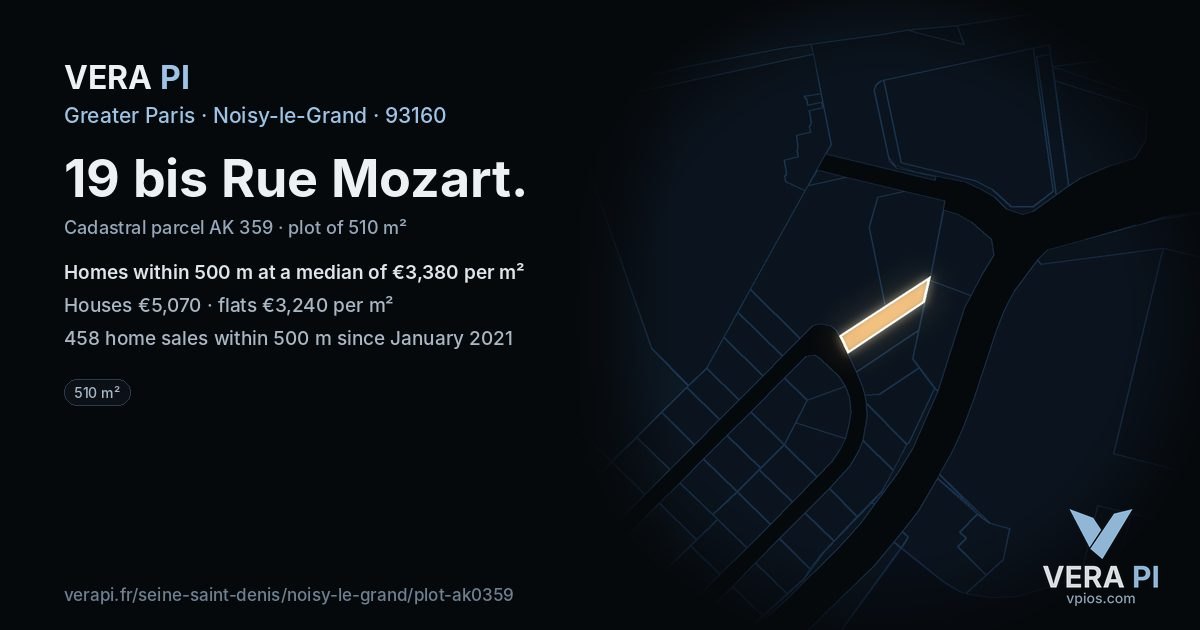 19 bis Rue Mozart, Noisy-le-Grand at night – the plot lit, the parcels around coloured by the prices near them