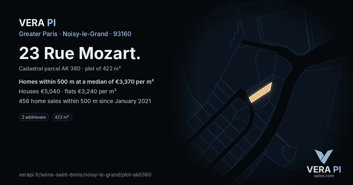 23 Rue Mozart, Noisy-le-Grand at night – the plot lit, the parcels around coloured by the prices near them