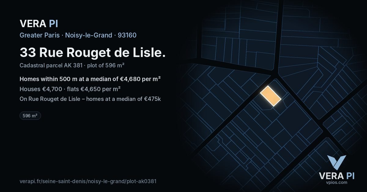 33 Rue Rouget de Lisle, Noisy-le-Grand at night – the plot lit, the parcels around coloured by the prices near them