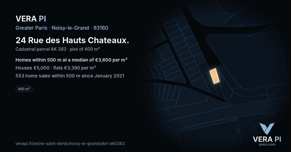 24 Rue des Hauts Chateaux, Noisy-le-Grand at night – the plot lit, the parcels around coloured by the prices near them