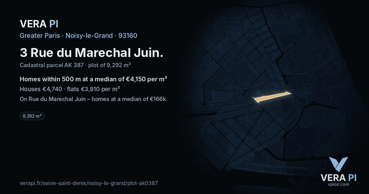 3 Rue du Marechal Juin, Noisy-le-Grand at night – the plot lit, the parcels around coloured by the prices near them