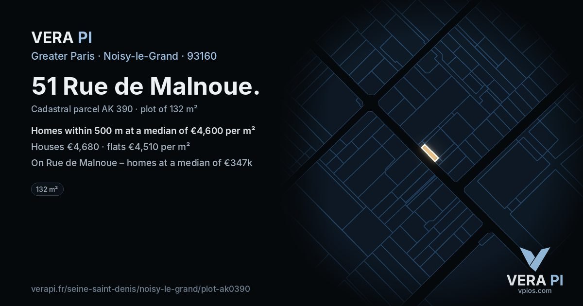 51 Rue de Malnoue, Noisy-le-Grand at night – the plot lit, the parcels around coloured by the prices near them