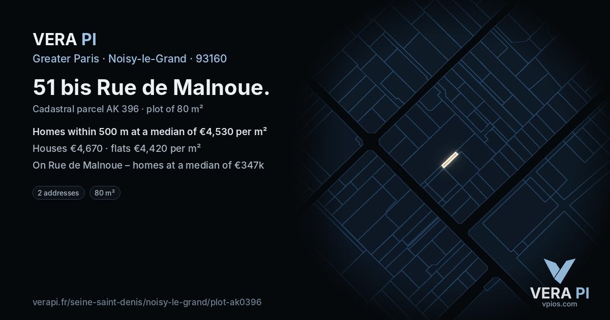 51 bis Rue de Malnoue, Noisy-le-Grand at night – the plot lit, the parcels around coloured by the prices near them