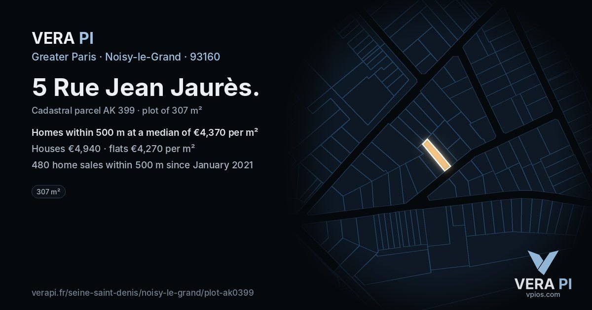 5 Rue Jean Jaurès, Noisy-le-Grand at night – the plot lit, the parcels around coloured by the prices near them