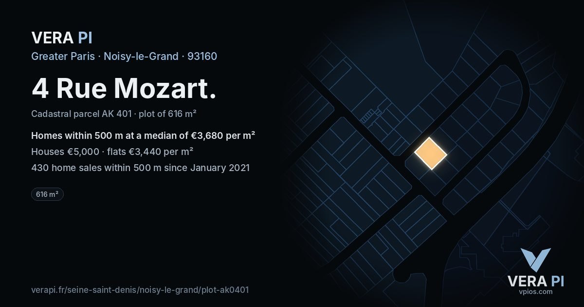 4 Rue Mozart, Noisy-le-Grand at night – the plot lit, the parcels around coloured by the prices near them