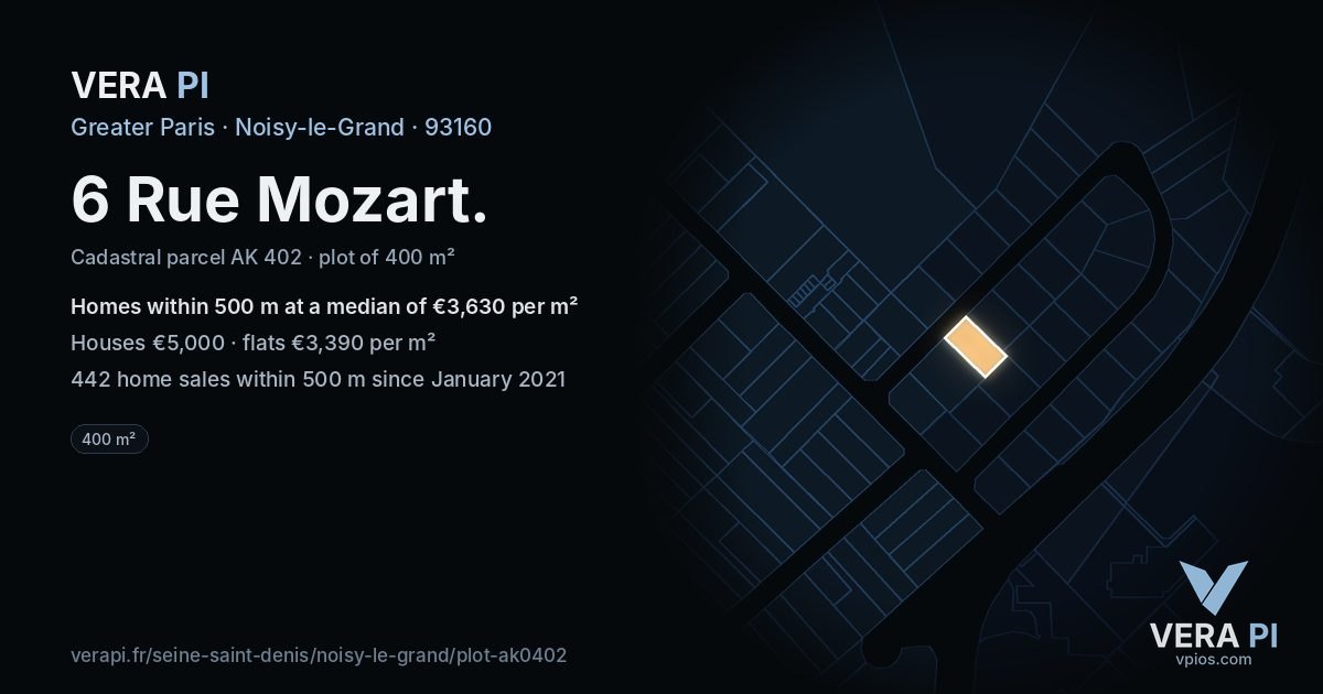 6 Rue Mozart, Noisy-le-Grand at night – the plot lit, the parcels around coloured by the prices near them