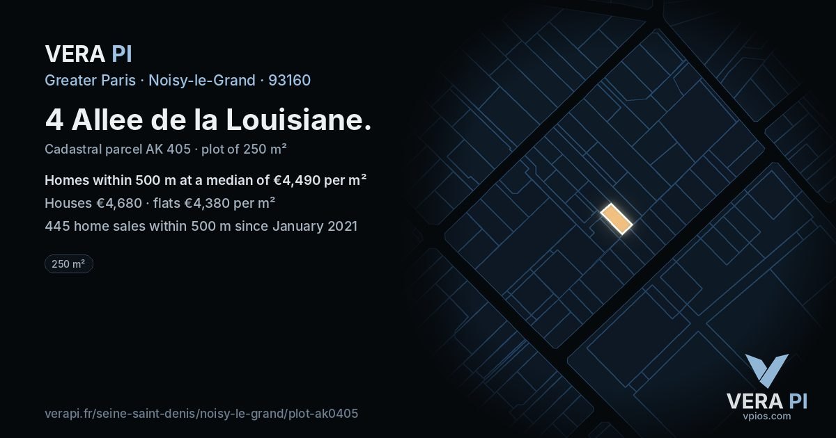 4 Allee de la Louisiane, Noisy-le-Grand at night – the plot lit, the parcels around coloured by the prices near them