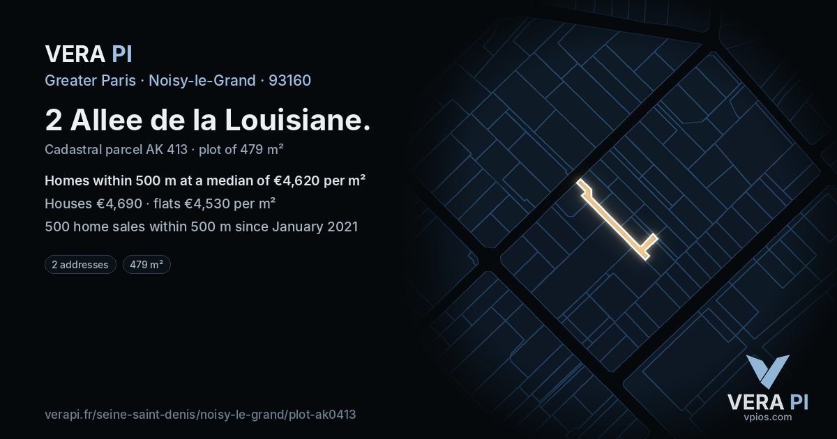2 Allee de la Louisiane, Noisy-le-Grand at night – the plot lit, the parcels around coloured by the prices near them