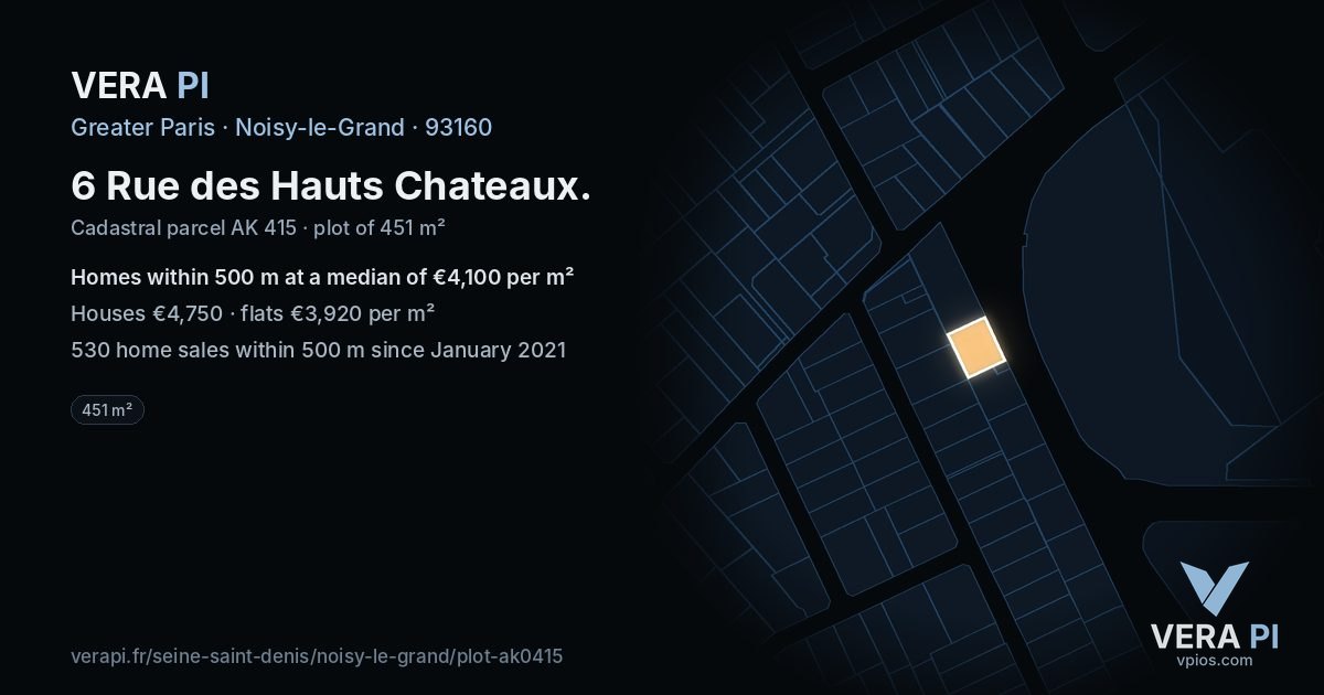 6 Rue des Hauts Chateaux, Noisy-le-Grand at night – the plot lit, the parcels around coloured by the prices near them