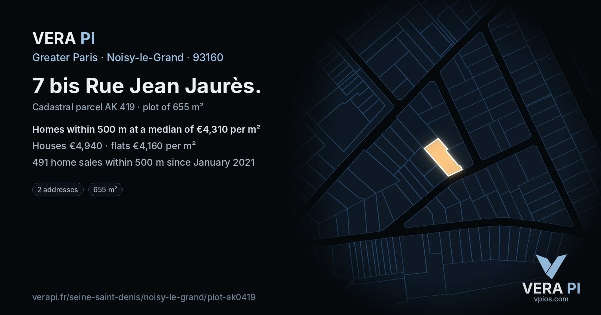 7 bis Rue Jean Jaurès, Noisy-le-Grand at night – the plot lit, the parcels around coloured by the prices near them
