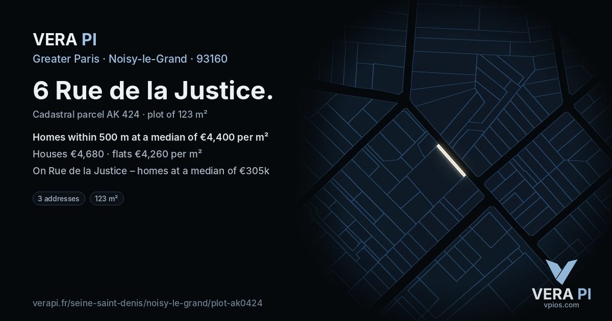 6 Rue de la Justice, Noisy-le-Grand at night – the plot lit, the parcels around coloured by the prices near them