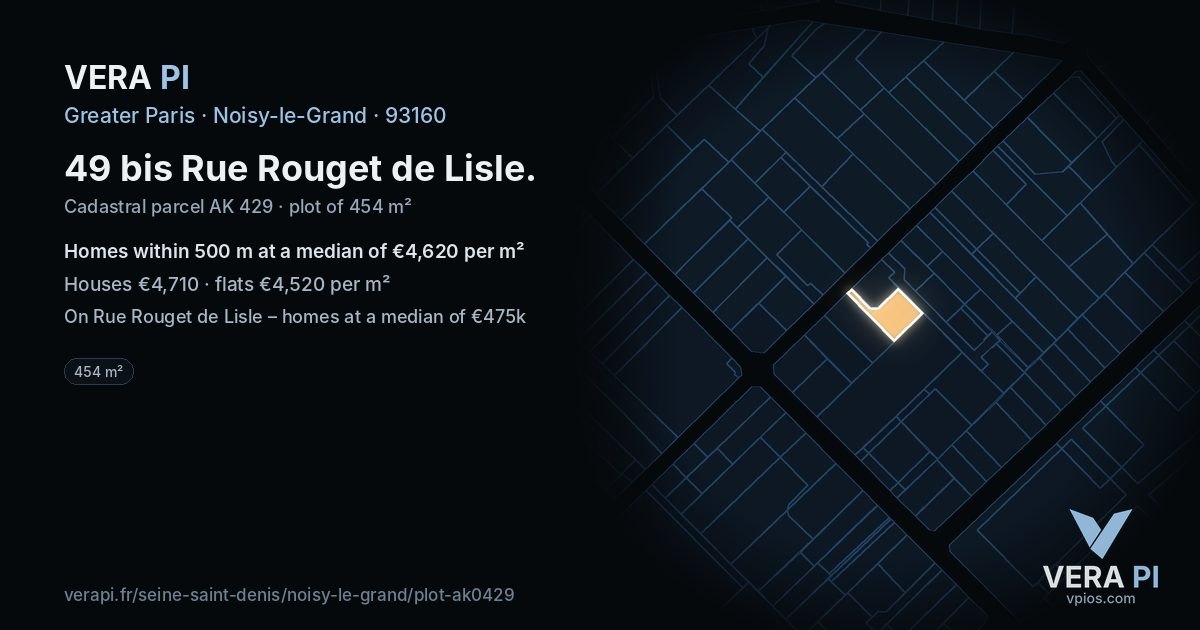 49 bis Rue Rouget de Lisle, Noisy-le-Grand at night – the plot lit, the parcels around coloured by the prices near them