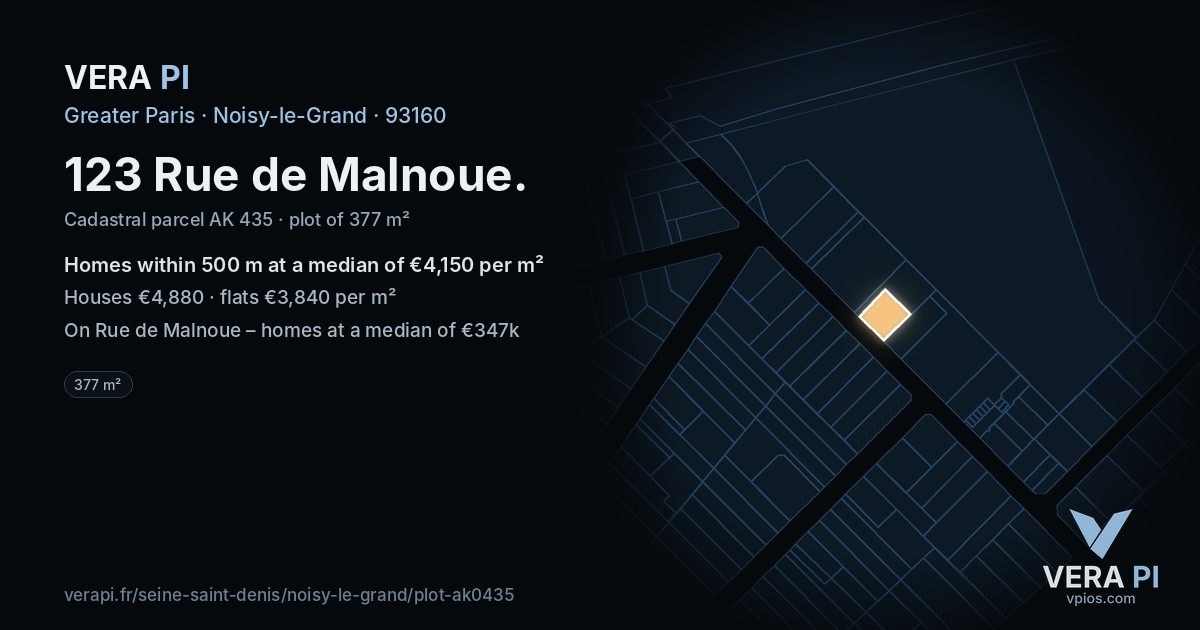 123 Rue de Malnoue, Noisy-le-Grand at night – the plot lit, the parcels around coloured by the prices near them