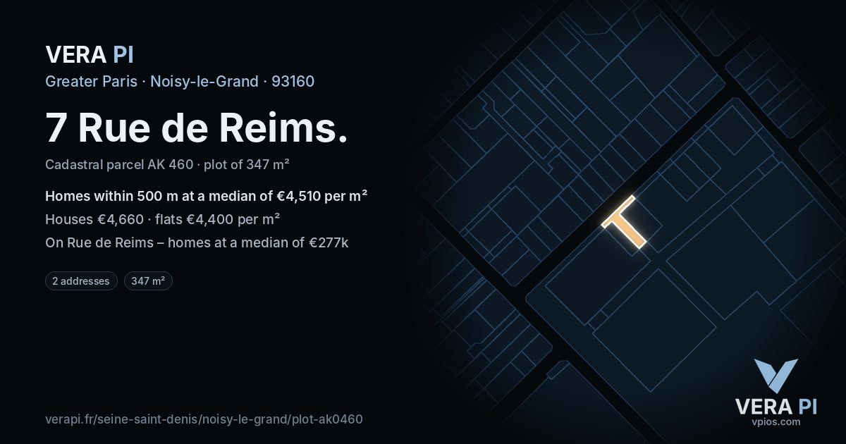 7 Rue de Reims, Noisy-le-Grand at night – the plot lit, the parcels around coloured by the prices near them