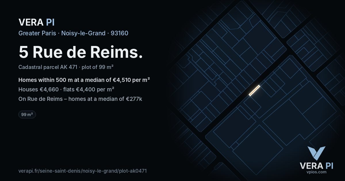 5 Rue de Reims, Noisy-le-Grand at night – the plot lit, the parcels around coloured by the prices near them