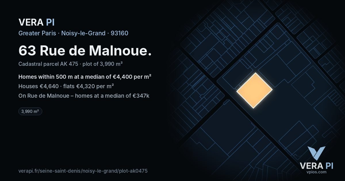 63 Rue de Malnoue, Noisy-le-Grand at night – the plot lit, the parcels around coloured by the prices near them