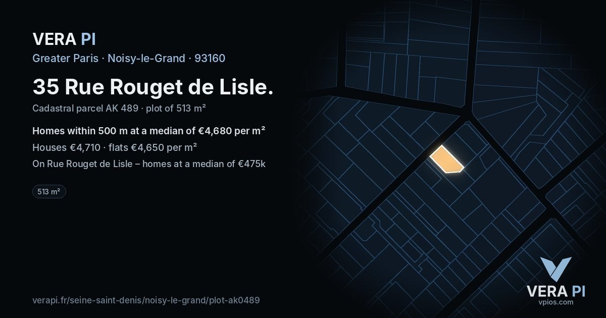 35 Rue Rouget de Lisle, Noisy-le-Grand at night – the plot lit, the parcels around coloured by the prices near them