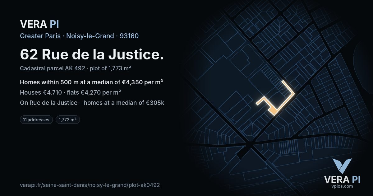 62 Rue de la Justice, Noisy-le-Grand at night – the plot lit, the parcels around coloured by the prices near them