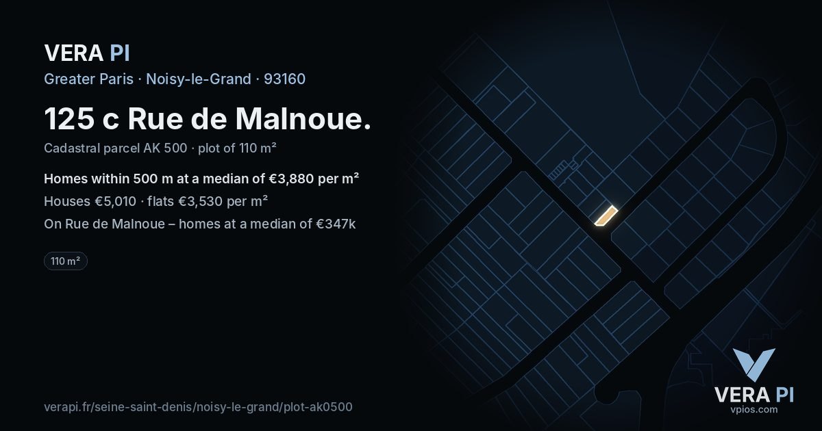 125 c Rue de Malnoue, Noisy-le-Grand at night – the plot lit, the parcels around coloured by the prices near them