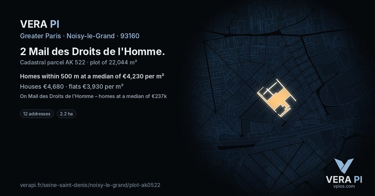 2 Mail des Droits de l'Homme, Noisy-le-Grand at night – the plot lit, the parcels around coloured by the prices near them