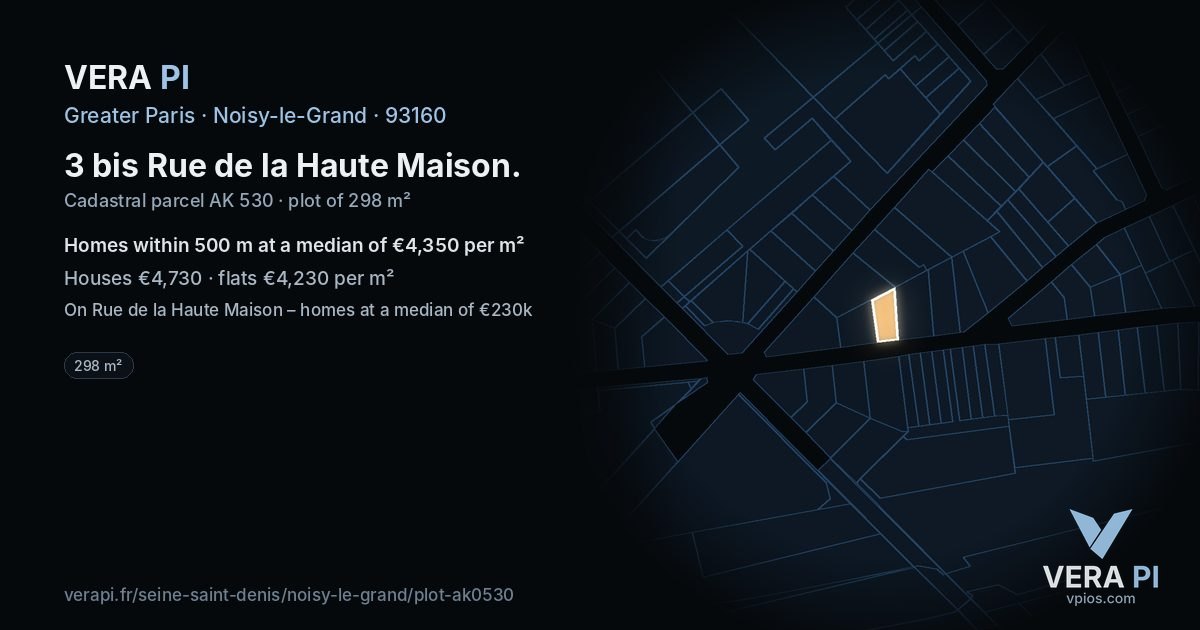 3 bis Rue de la Haute Maison, Noisy-le-Grand at night – the plot lit, the parcels around coloured by the prices near them