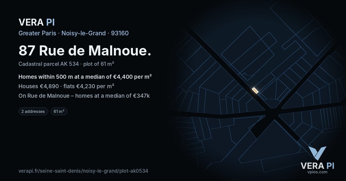 87 Rue de Malnoue, Noisy-le-Grand at night – the plot lit, the parcels around coloured by the prices near them