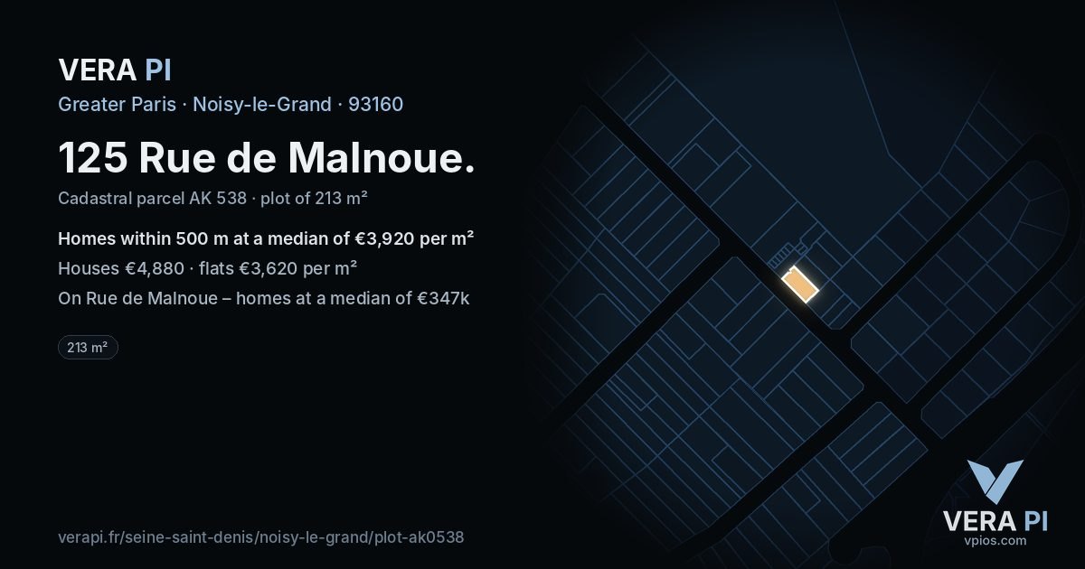 125 Rue de Malnoue, Noisy-le-Grand at night – the plot lit, the parcels around coloured by the prices near them