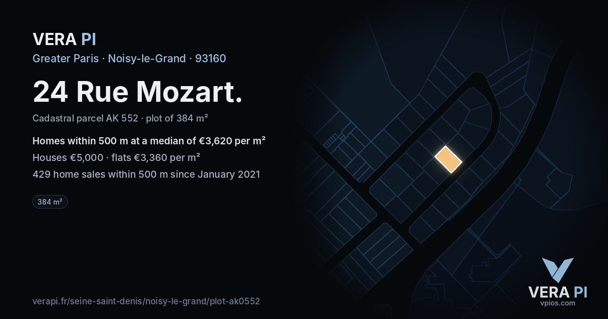 24 Rue Mozart, Noisy-le-Grand at night – the plot lit, the parcels around coloured by the prices near them