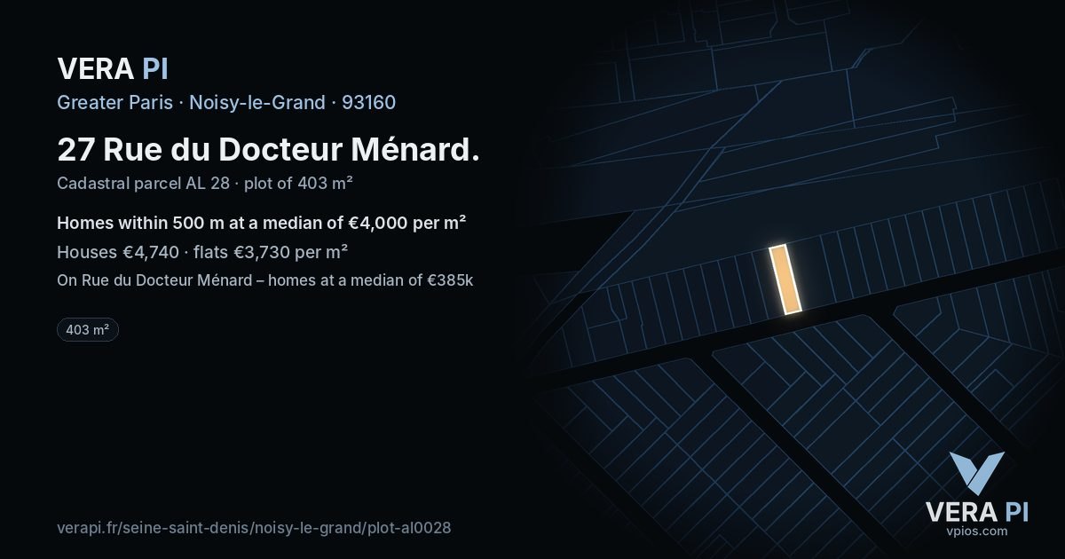 27 Rue du Docteur Ménard, Noisy-le-Grand at night – the plot lit, the parcels around coloured by the prices near them