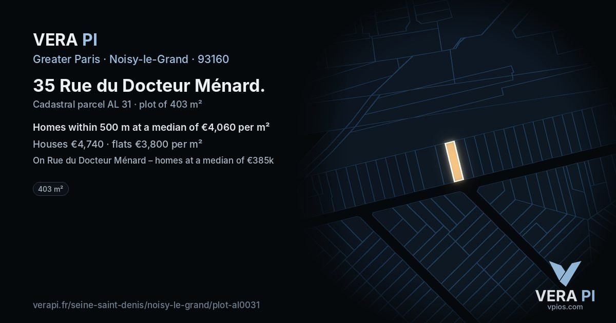 35 Rue du Docteur Ménard, Noisy-le-Grand at night – the plot lit, the parcels around coloured by the prices near them