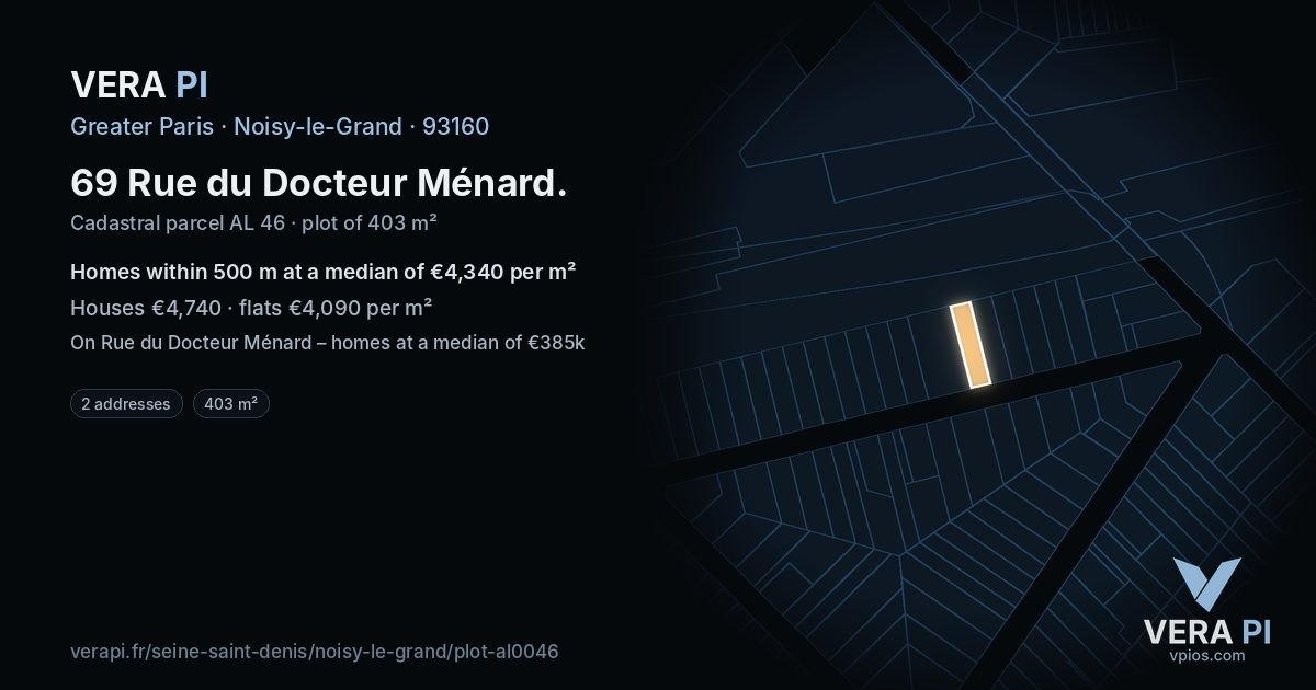 69 Rue du Docteur Ménard, Noisy-le-Grand at night – the plot lit, the parcels around coloured by the prices near them
