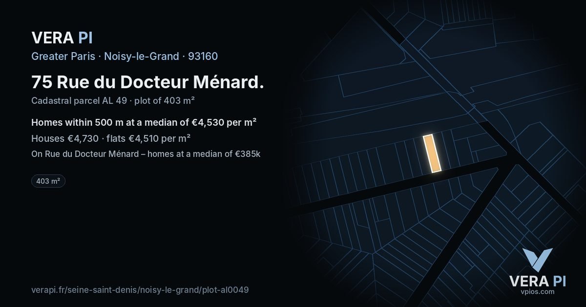 75 Rue du Docteur Ménard, Noisy-le-Grand at night – the plot lit, the parcels around coloured by the prices near them
