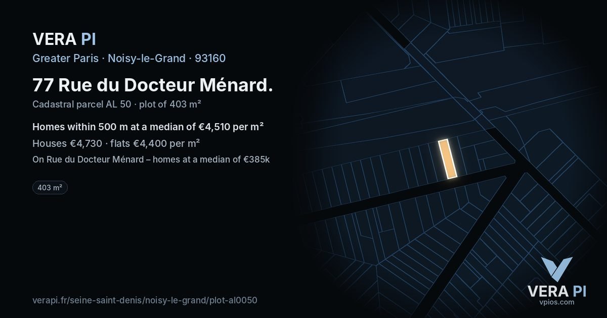 77 Rue du Docteur Ménard, Noisy-le-Grand at night – the plot lit, the parcels around coloured by the prices near them