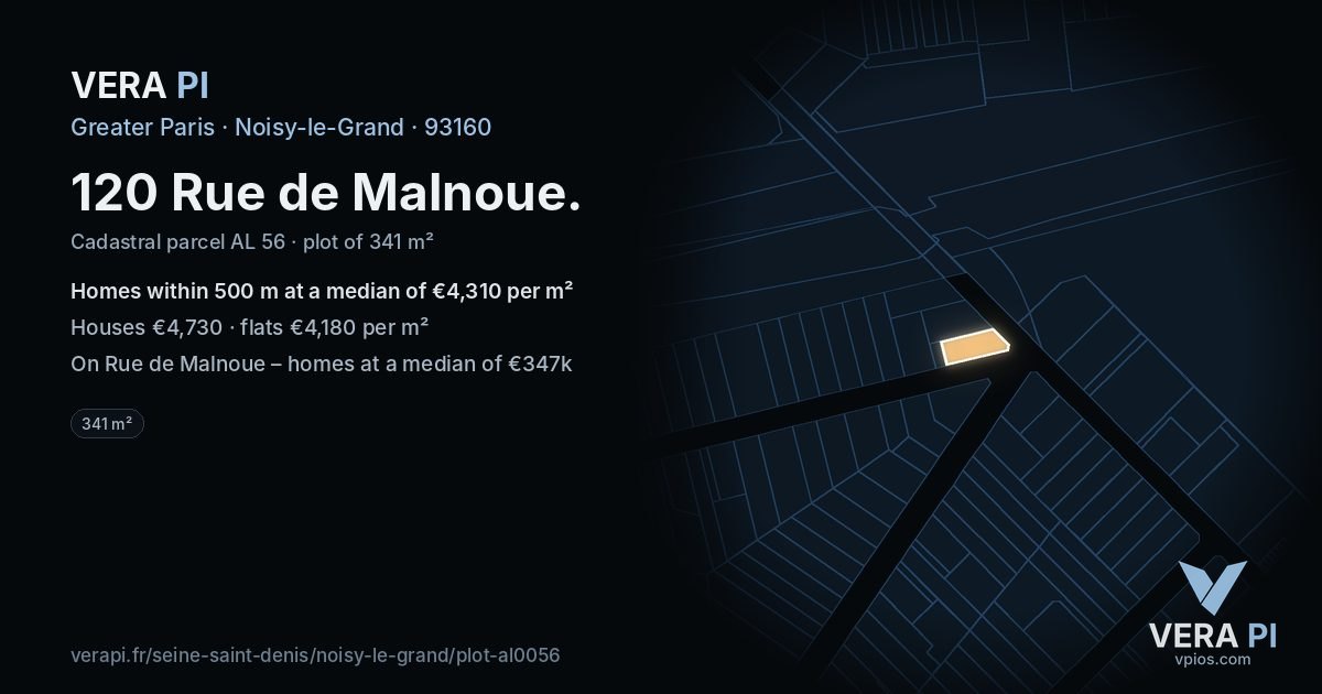 120 Rue de Malnoue, Noisy-le-Grand at night – the plot lit, the parcels around coloured by the prices near them