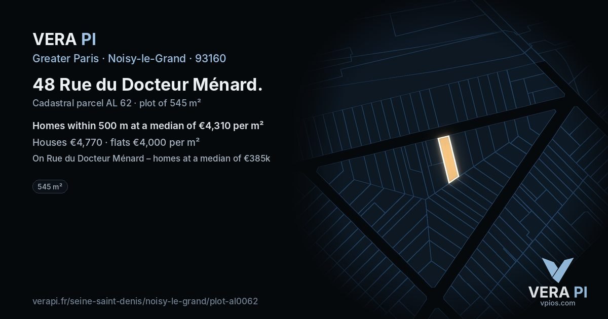 48 Rue du Docteur Ménard, Noisy-le-Grand at night – the plot lit, the parcels around coloured by the prices near them