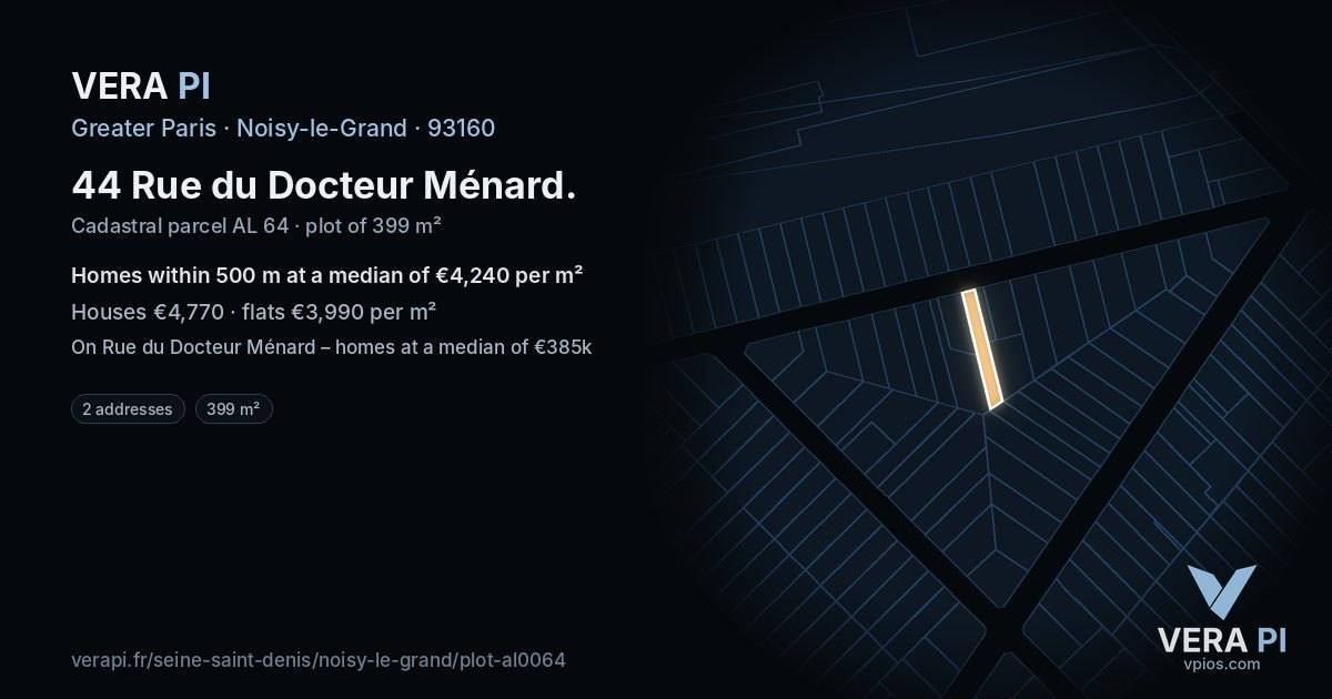 44 Rue du Docteur Ménard, Noisy-le-Grand at night – the plot lit, the parcels around coloured by the prices near them